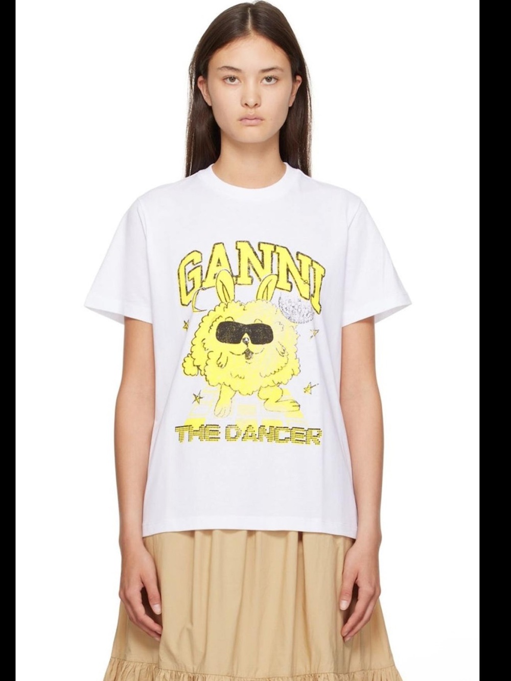 Ganni White Tee with Yellow Dance Bunny Graphic